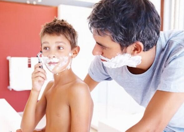 the father teaches the child to shave and enlarge his penis